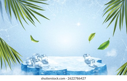 Refreshing Ice Platform Tropical Summer Meets Cool Winter, Perfect for Product Displays and Summery Designs