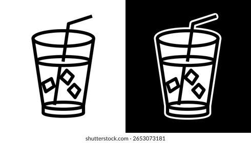 Refrescante Iced Drink Icon Glass com Cubos de Gelo e Palha - Ilustração de Arte em Linha	