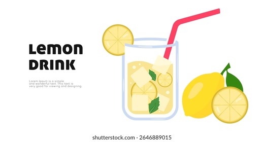 Refreshing Iced Lemon Drink with Slices and Straw Background