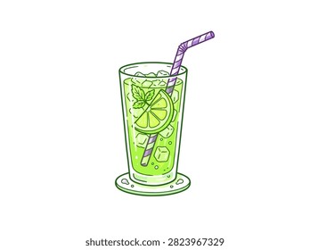 Refreshing Iced Lime Mojito Cocktail Illustration with Mint Leaf and Striped Straw