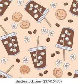 Refreshing iced macchiata in a glass with straw coffee to go vector seamless pattern. Groovy floral coffee background.