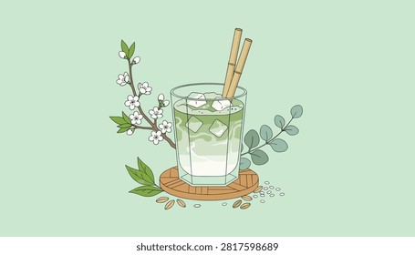 Refreshing iced matcha latte served with bamboo straws on wooden coaster near flowering spring branch.