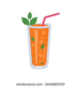 Refreshing Iced Orange Mint Drink with Straw and Ice Cubes