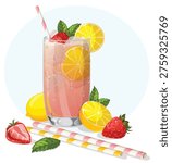 Refreshing Iced Pink Lemonade in a Tall Glass with Strawberries Mint and Citrus Garnish and Ingredients Scattered Around Vector Recipe Food Illustration
