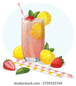 Refreshing Iced Pink Lemonade in a Tall Glass with Strawberries Mint and Citrus Garnish and Ingredients Scattered Around Vector Recipe Food Illustration