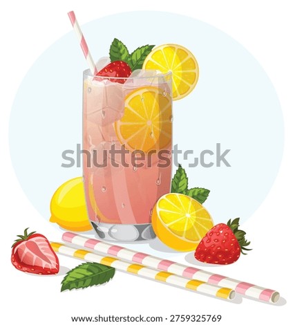 Refreshing Iced Pink Lemonade in a Tall Glass with Strawberries Mint and Citrus Garnish and Ingredients Scattered Around Vector Recipe Food Illustration