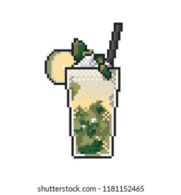 Refreshing icy lemonade with mint, lemon and ice pixel art on white background. Vector illustration.