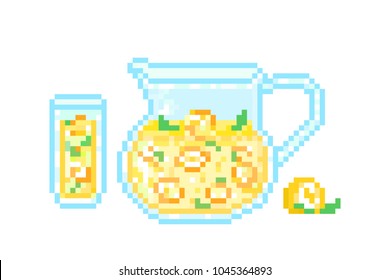 Refreshing icy lemonade with mint in a pitcher and a glass, set of 8 bit pixel art icons isolated on white background. Citrus drink. Lemon squash. Sweet fruit juice. Summer citron cocktail in a jug.