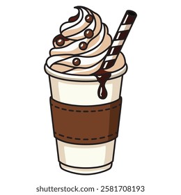 A refreshing and indulgent vector drawing of an iced coffee served in a paper cup, topped with creamy whipped cream and drizzled with rich chocolate syrup. 