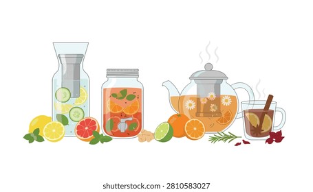 Refreshing infused water and herbal tea collection featuring citrus slices, berries, mint, and steaming glassware.