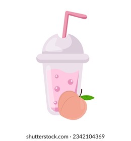 Erfrischende saftige Pfirsichgetränke, Vektorgrafik. Zeichnen von Plastikbecher mit Saft oder Limonade und Obst. Obst, Erfrischung, Sommerkonzept