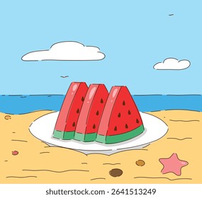 Refreshing and Juicy Watermelon Slices Perfectly Enjoyed on a Beautiful Beach Day