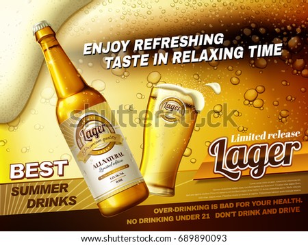 Refreshing lager beer ads, best summer drink ads with glass beer cup and bottle isolated on fizzy beer background in 3d illustration