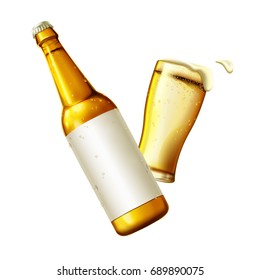 Refreshing lager beer, glass beer cup and bottle elements with blank labels isolated on white in 3d illustration