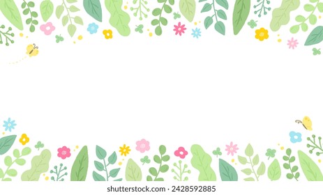 Refreshing leaves and colorful flower frame background, stylish hand-drawn illustration