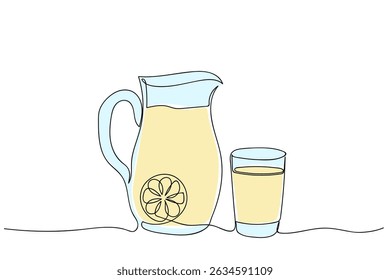 Refreshing lemon beverage displayed in a glass and pitcher on a simple background