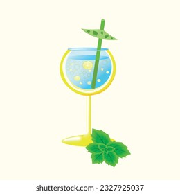 Refreshing lemon cocktail with a straw. Vector illustratuon.