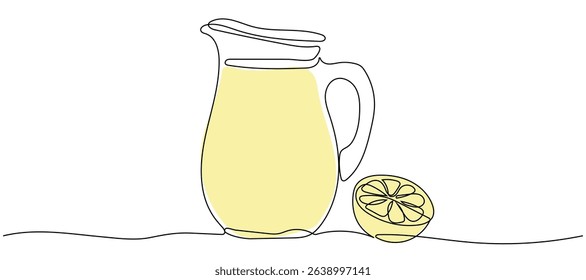Refreshing lemon drink served in a pitcher alongside a fresh lemon slice on a minimalist background