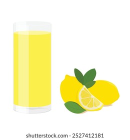 Refreshing lemon juice in glass and lemon fruit with green leaves isolated on white background. Vector illustration