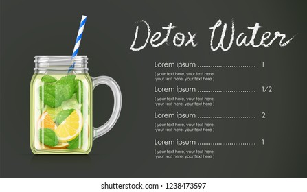 Refreshing lemon, orange, peppermint and cucumber detox water. Mug with for aqua cocktail. Healthy food menu concept. Vegetarian diet beverage. EPS10 vector illustration.