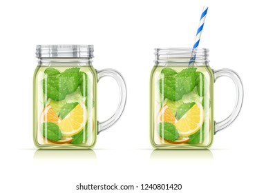 Refreshing lemon, orange, peppermint and cucumber detox water. Mug with for aqua cocktail. Healthy food. Vegetarian diet beverage. EPS10 vector illustration.