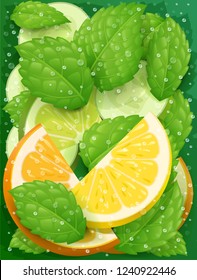 Refreshing lemon, orange, peppermint and cucumber detox water. Aqua cocktail. Healthy food. Vegetarian diet beverage. EPS10 vector illustration.