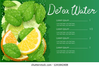 Refrescante de limão, laranja, hortelã-pimenta e pepino desintoxicar a água. Coquetel de aqua. Comida saudável. Bebida dietética vegetariana. Ilustração do vetor EPS10.