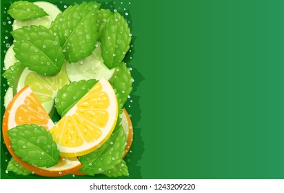 Refreshing lemon, orange, peppermint and cucumber detox water. Aqua cocktail. Healthy food. Vegetarian diet beverage. EPS10 vector illustration.