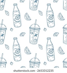 Refreshing lemonade beverage pattern featuring bottles and cups with lemon slices and ice cubes