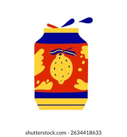 Refreshing lemonade can. Soda with lemon taste. Abstract colorful design. Contemporary summer art element