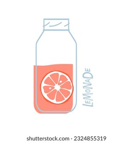 Refreshing lemonade. Clear drink lemonade bottle with grapefruit slice. Summer pink cocktail. Cold Drink Advertising for pub, bar, restaurant menu, party decor, beverage template, recipes.