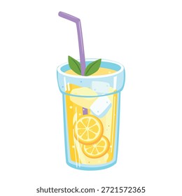 Refreshing lemonade drink in glass with ice and lemon slices. Vector illustration for a summer healthy menu.