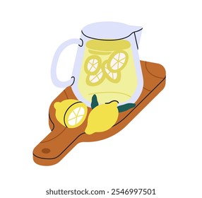 Refreshing lemonade drink with lemon slices in pitcher. Citrus beverage, infused water with fresh fruits on board. Cooling summer refreshment. Flat vector illustration isolated on white background