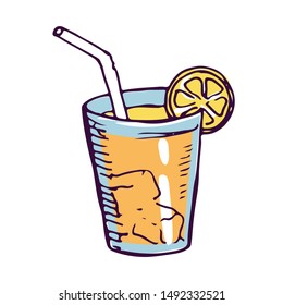 Refreshing Lemonade Glass Color Hand Drawn Illustration. Summertime Fruit Juice, Ice Tea With Lemon Slice Sketch. Alcoholic Beach Cocktail Clipart On White Background. Drink With Ice Cubes Doodle