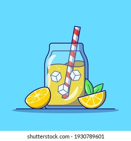 Refreshing Lemonade in a Glass Jar with Lemon Slice and Striped Straw. Food and Drink Icon Concept. Flat Cartoon Vector Illustration Isolated