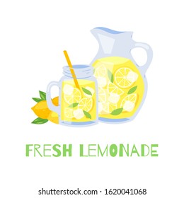 Refreshing lemonade glass jar with straw and pitcher with lemons and ice cubes vector illustration. Fresh lemonade isolated on white background and typography.