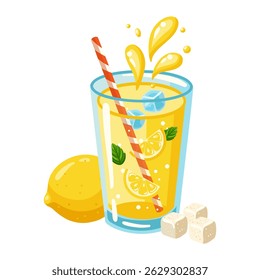Refreshing lemonade in glass with straw, full lemon and slices, ice cubes, mint leaves, sugar. Cartoon vector illustration