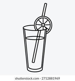 Refreshing Lemonade Glass with Straw, Ice Cubes and Lemon Slice Garnish - Summer Drink Line Drawing Vector Illustration