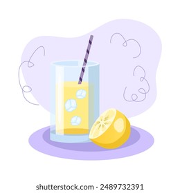 Refreshing lemonade with ice cubes and a straw, perfect summer beverage illustration