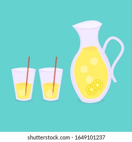 Refreshing lemonade illustration. A glass with a straw and a jug with lemons and ice cubes.