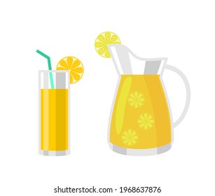 Refreshing lemonade illustration. A glass with straw and a jug with lemons and ice cubes. Isolated vector illustration in simple cartoon style.