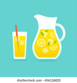 Refreshing lemonade illustration. Glass with straw and pitcher with lemons and ice cubes. Retro style illustration with vintage texture.