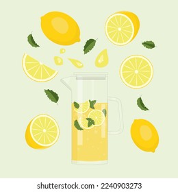 Refreshing lemonade illustration. Jug with with lemons and ice cubes. Vector illustration