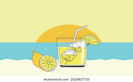 A refreshing lemonade illustration with lemons, ice, and a straw, set against a sunny beach background. Perfect for summer vibes.

