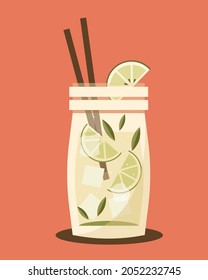 Refreshing lemonade in a jar with straws or mojito with straws flat simple vector
