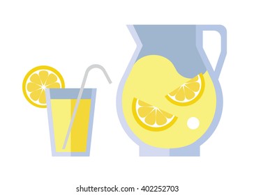 Refreshing lemonade. Lemon, orange, fruit juice. Glass and carafe. Vector.