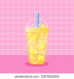 Refreshing lemonade on pink background. Vector illustration of lemon drink with ice cubes. Summer refreshing beverage in plastic cup to go with straw.