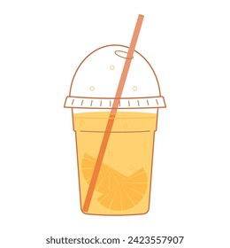 Refreshing lemonade with orange slices. Glass of drink with straw with oranges in flat style. Illustration of refreshing lemonade on white isolated background.