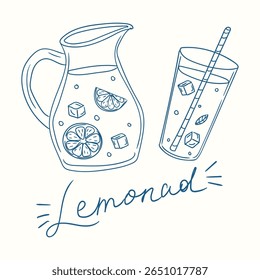 Refreshing lemonade pitcher and glass with ice and citrus slices in a simple drawing style