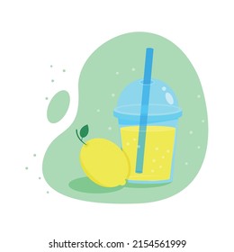 Refreshing lemonade in plastic glass with straw. 